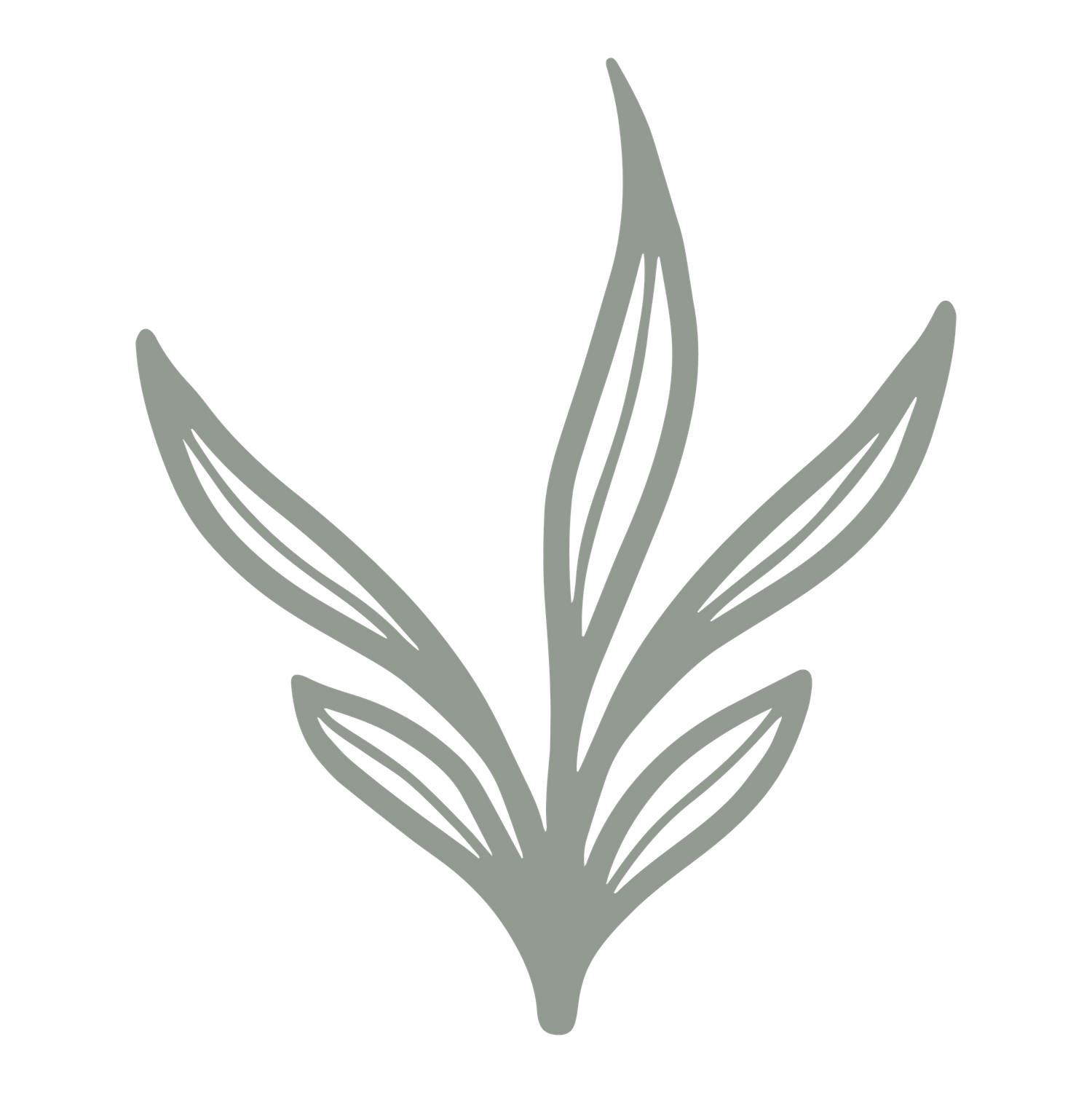 A minimalist gray leaf design graphic on black background.