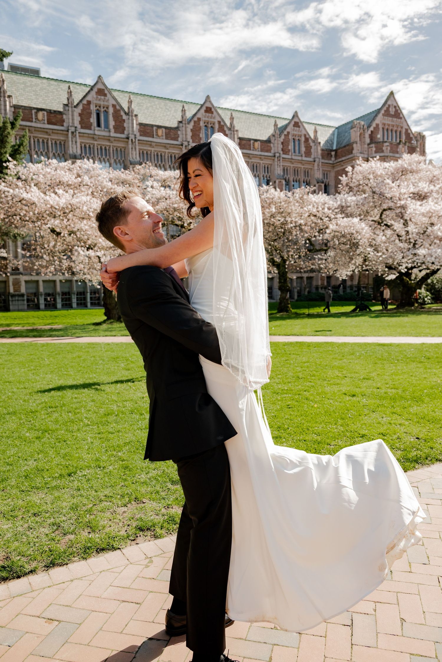A wedding couple embraces on a university of Washington campus lawn surrounded by blooming cherry blossom trees and Gothic architecture.