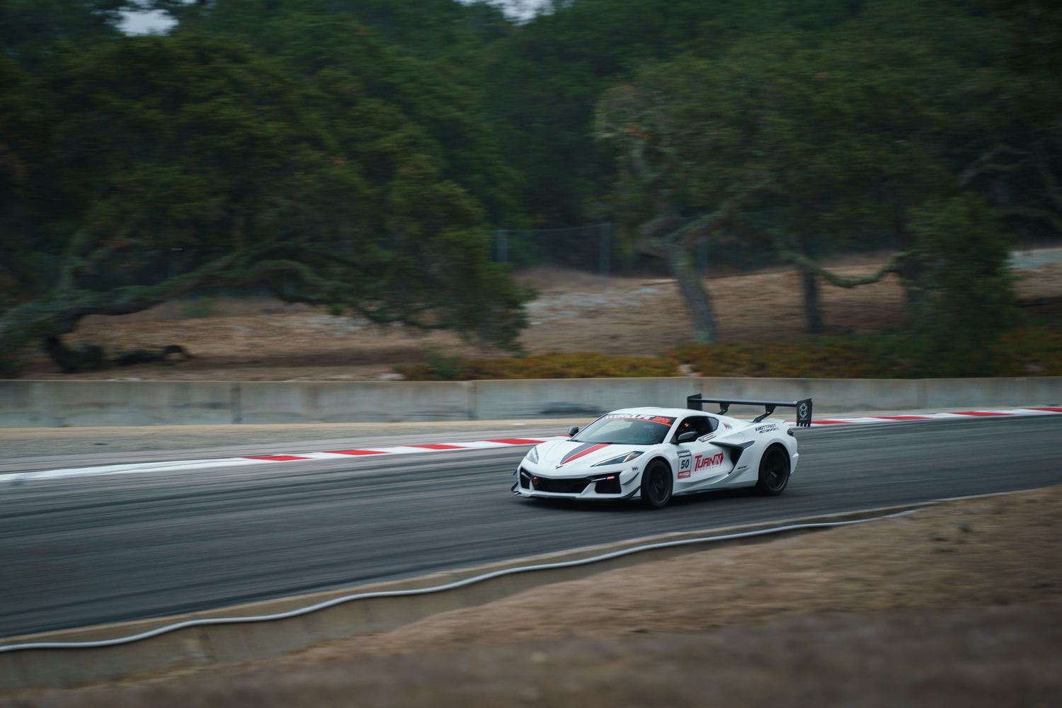 White sports car races through forested racetrack during competitive event.