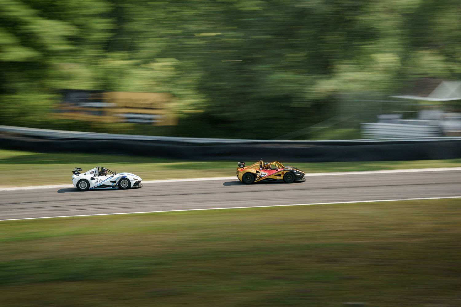 Race cars speeding past on a track with lush green surroundings.