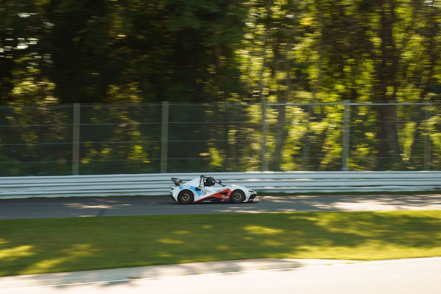 Race car speeding past wooded area on professional track.