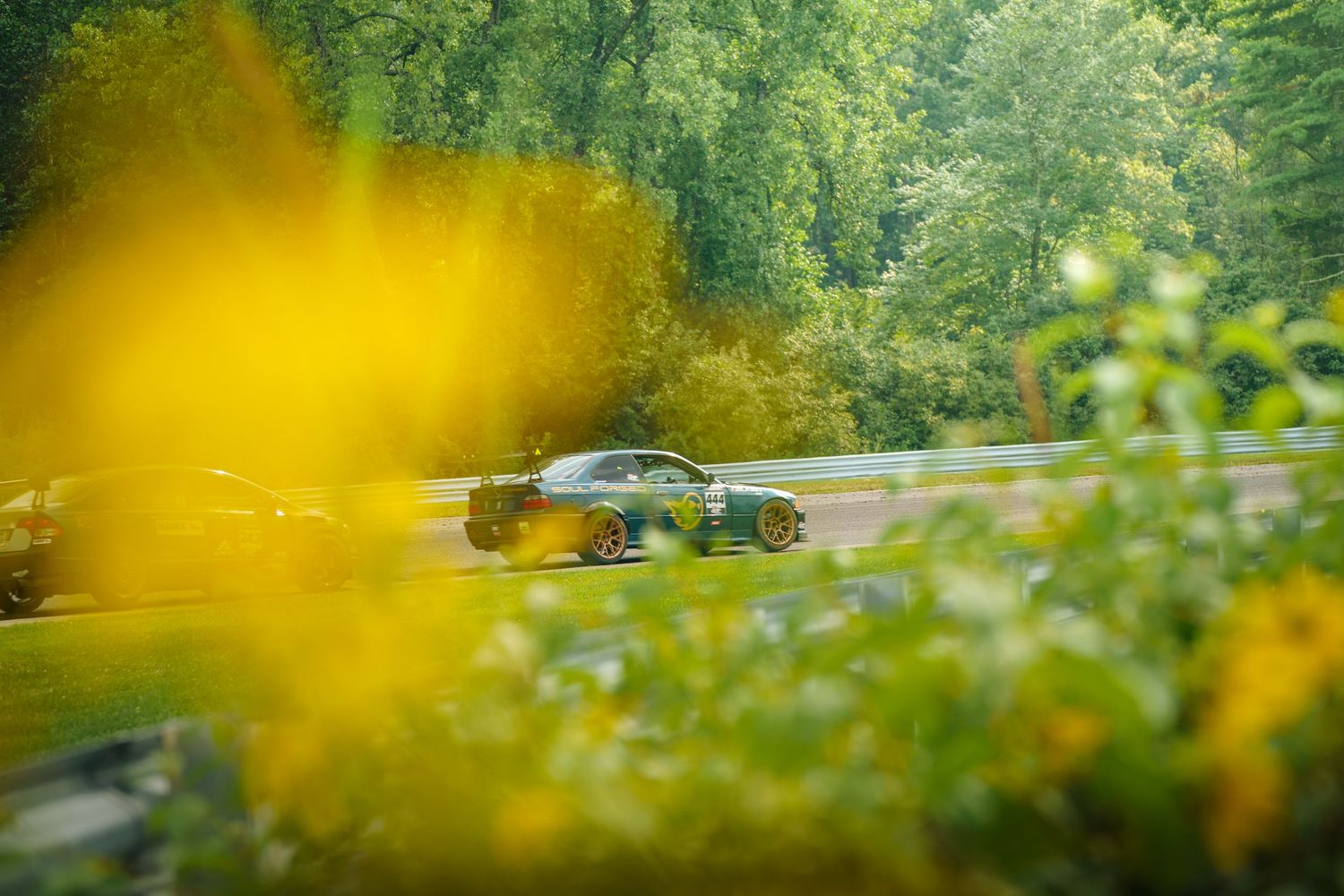 A scenic mountain road winds through lush green forest on a sunny summer day.
