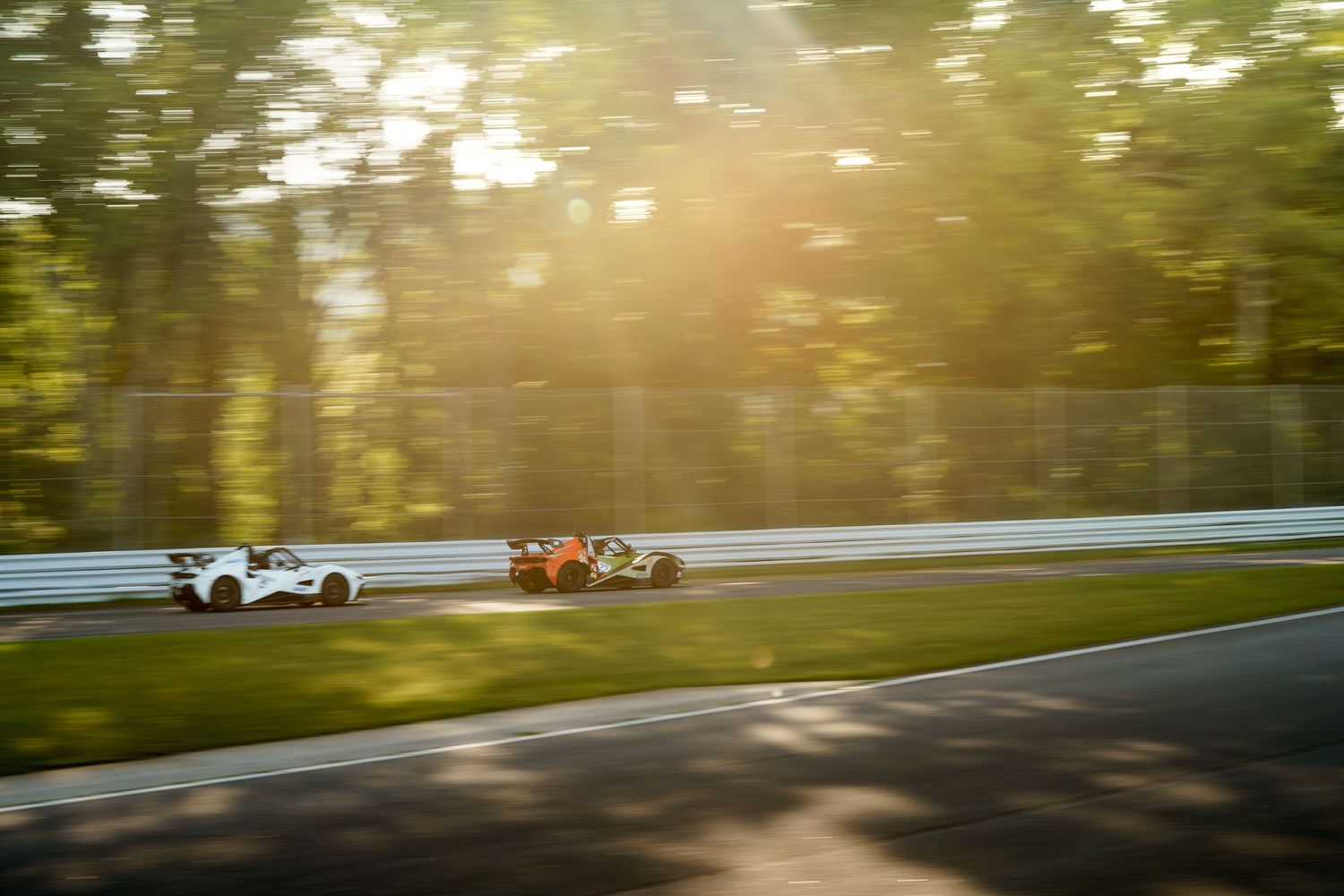 Race cars speed through a tree-lined racetrack during a sunset motorsport competition.