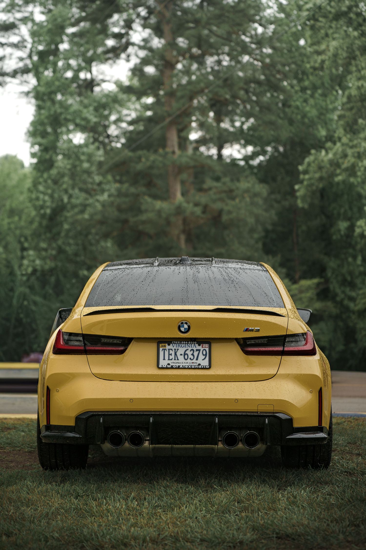 Yellow BMW M4 rear view showing distinctive taillights and sporty design against a green forest backdrop.