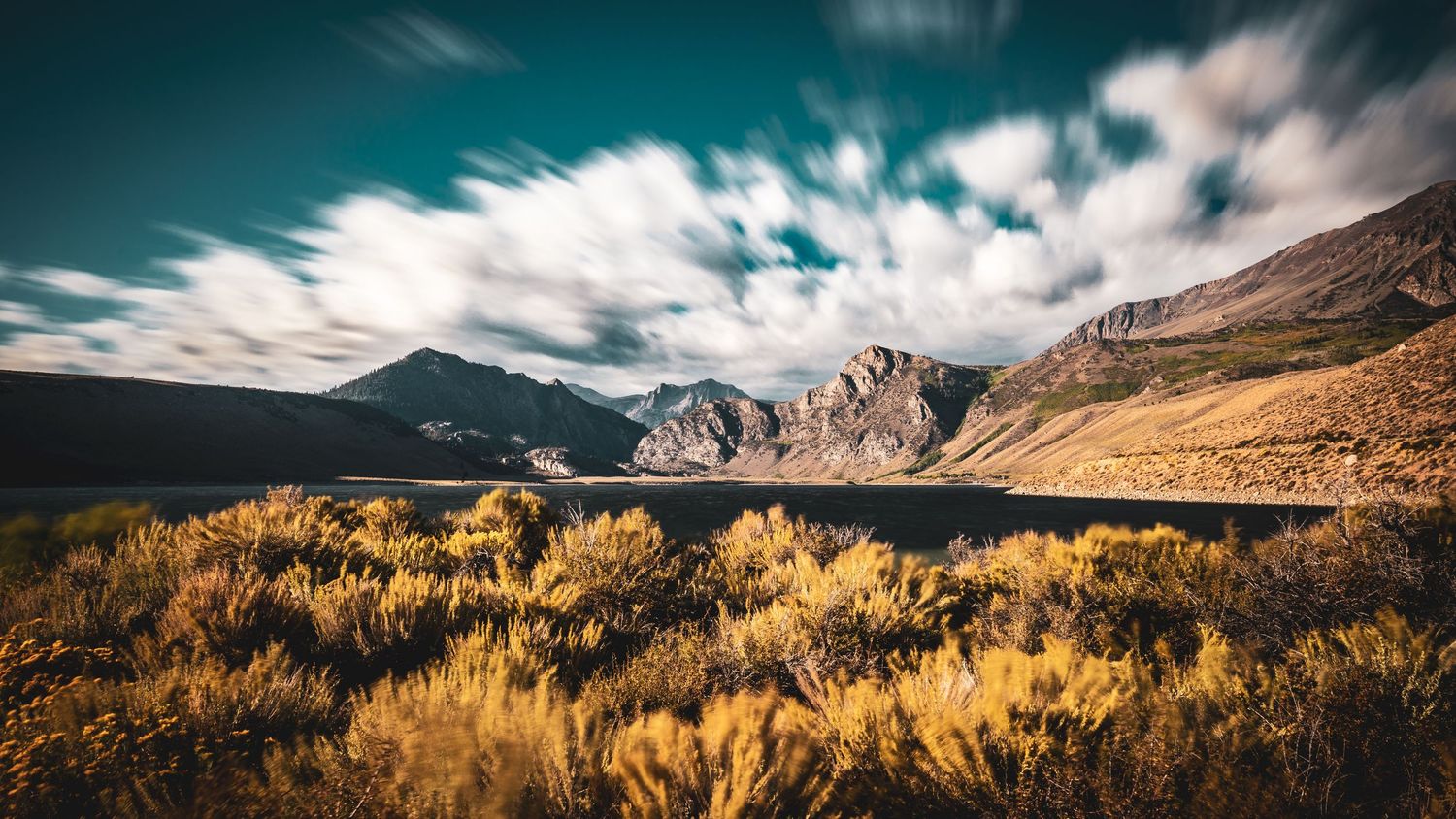 Golden sagebrush meadow beneath a dramatic sky with streaking clouds and rugged mountain peaks beyond.