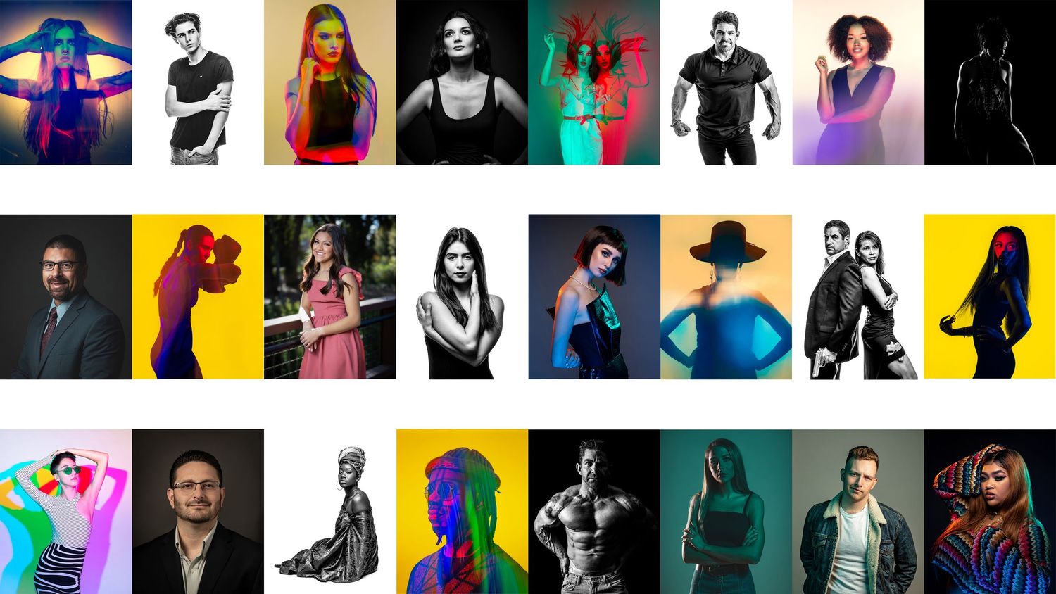 Collage of diverse professional portrait photos with colorful backgrounds and creative lighting effects.