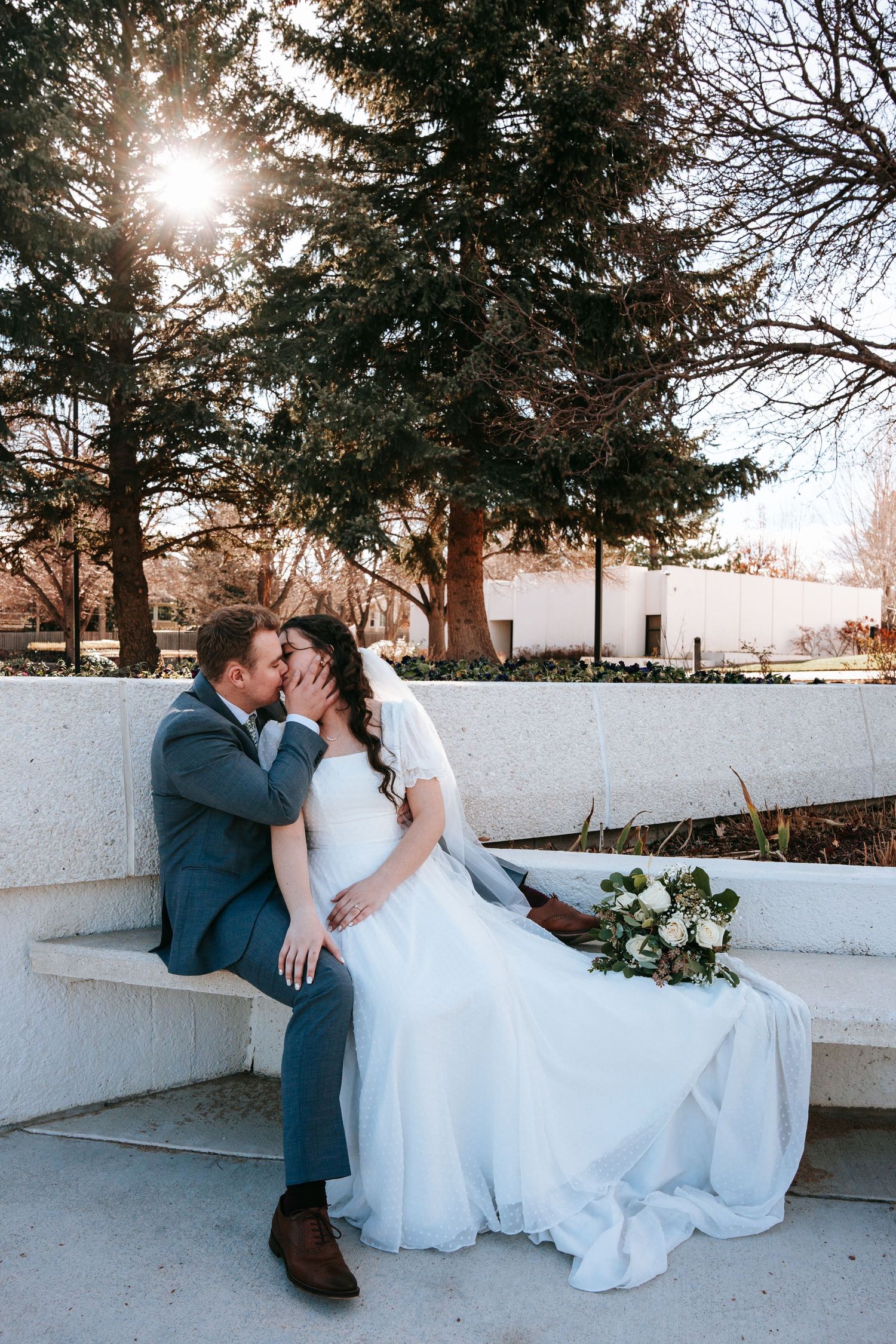 Bride and groom sharing a kiss on stone bench with sunlit evergreen tree backdrop.