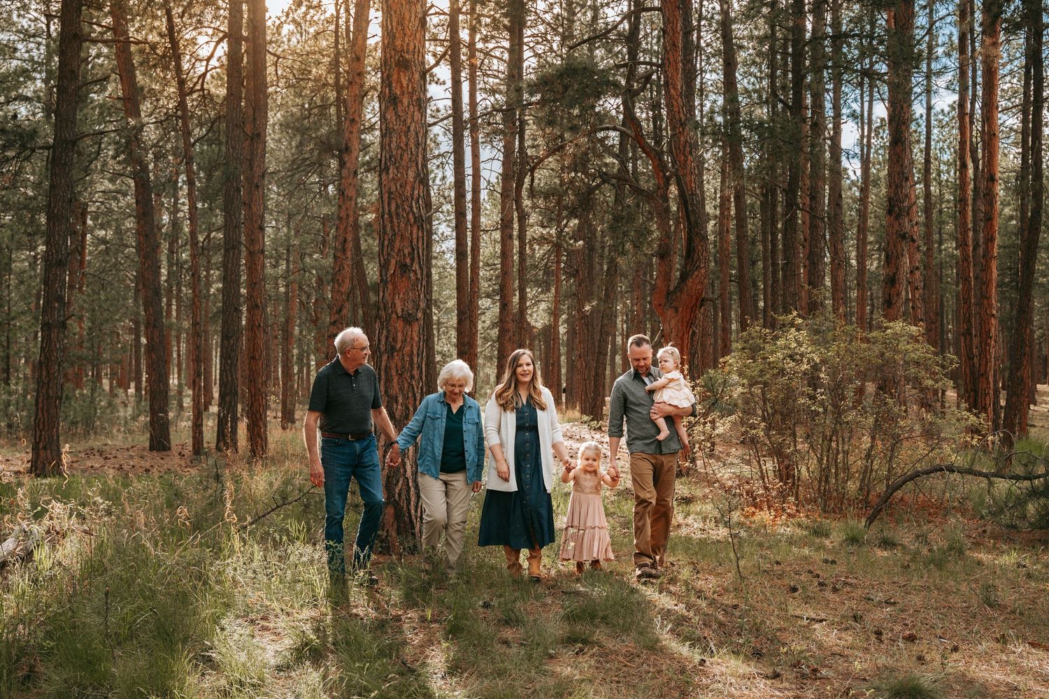 Multi-generational family walking together through a sunlit pine forest on a warm afternoon.