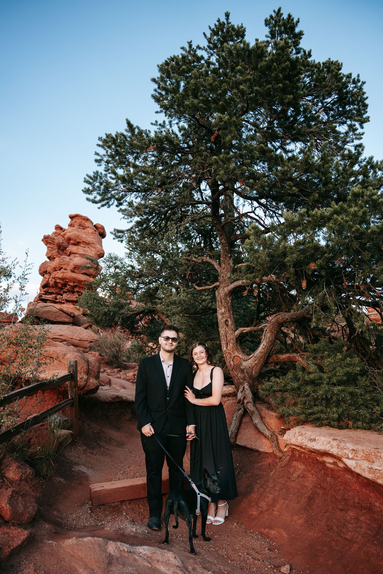 Couple in black formal attire stand with their dog among red sandstone rock formations and a large pine tree under a clear blue sky.