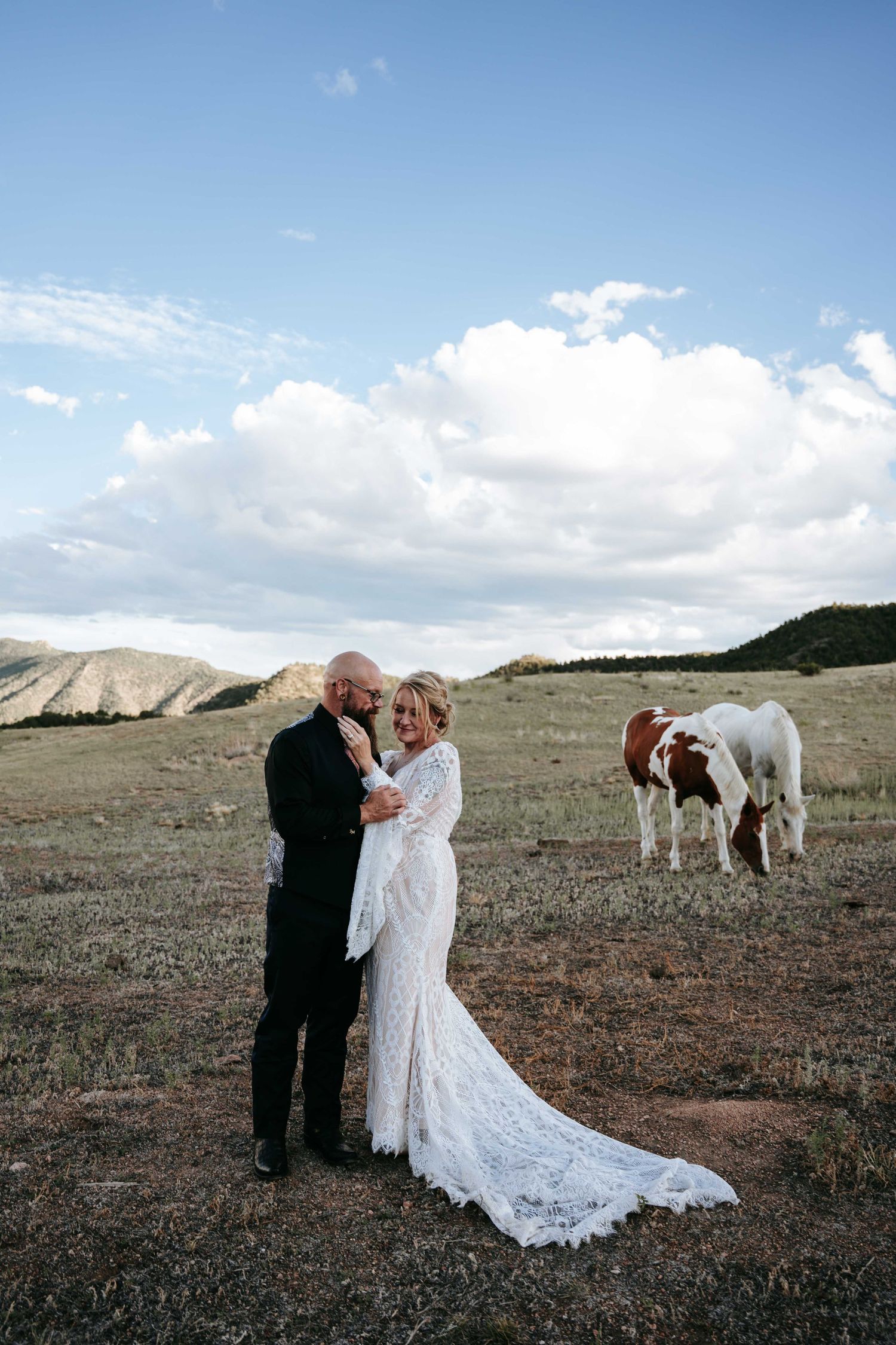 Bride and groom embrace in scenic mountain field with paint horse grazing nearby at Marchand Ranch in Colorado