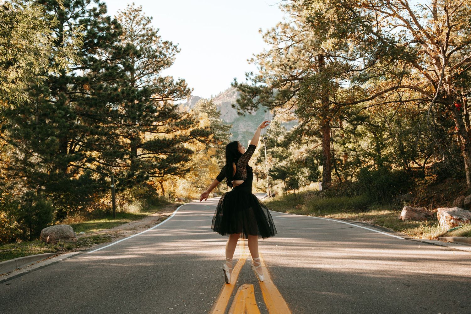 A ballet dancer in a black tutu walks along the center line of a tree-lined mountain road.