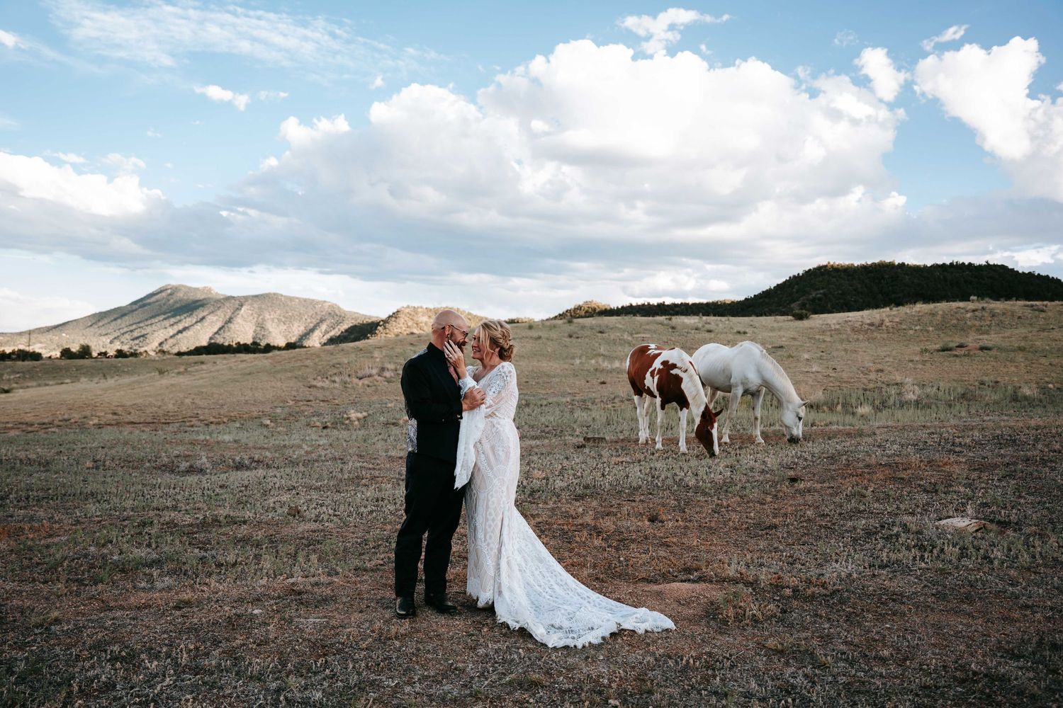 Bride and groom embrace in rustic field with horses grazing behind them beneath dramatic cloudy sky.