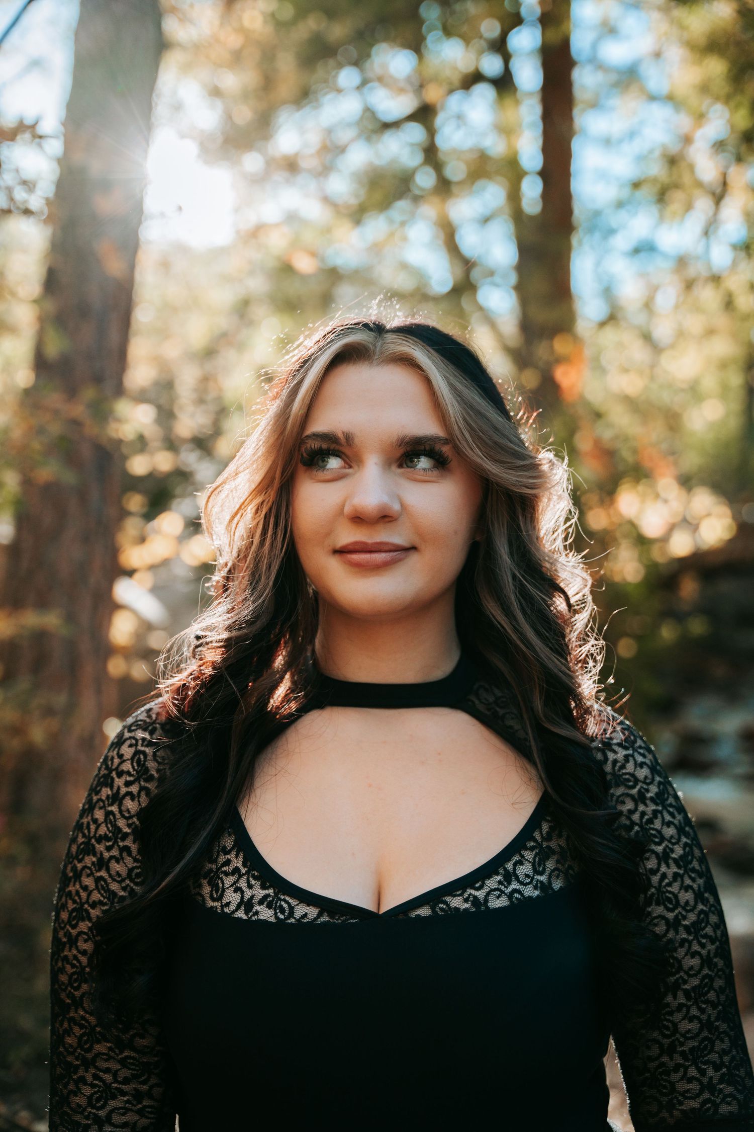 Young woman in black lace dress gazing upward in sunlit forest.