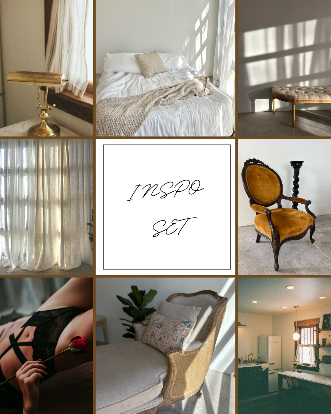 A collage of elegant interior design inspiration featuring golden lamps, white bedding, sheer curtains, velvet chairs, and modern spaces.