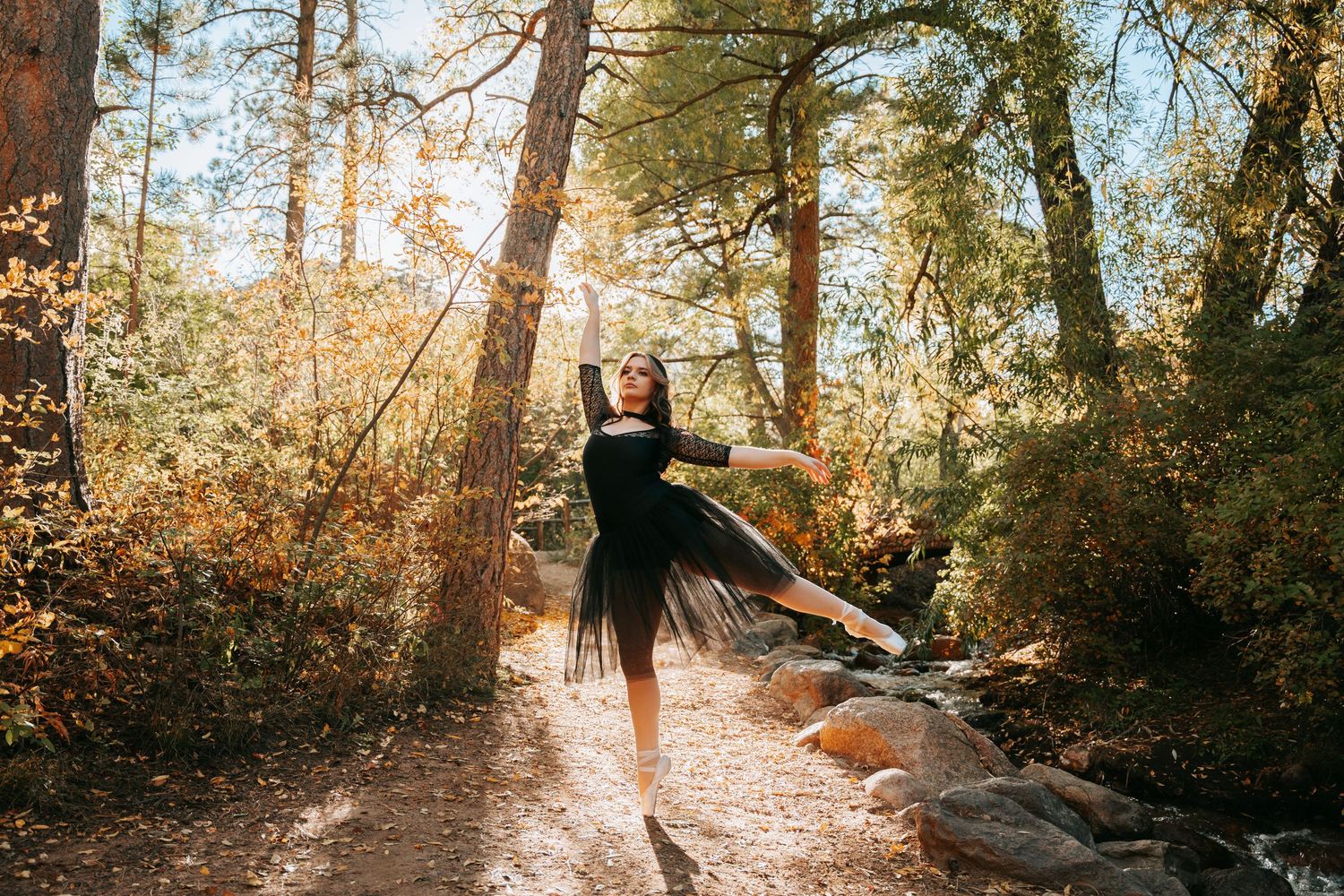 A ballerina in a black tutu gracefully poses on one leg among sunlit autumn forest trees.