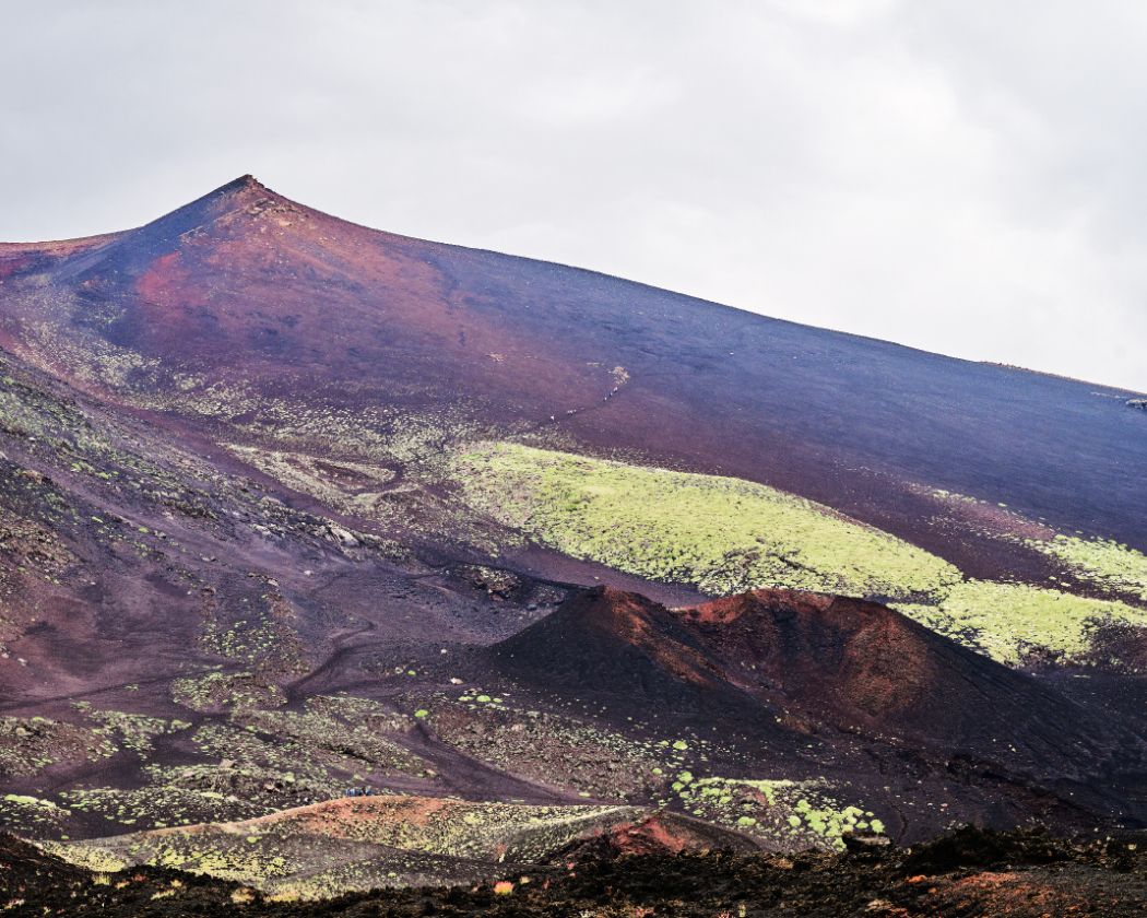 Aerial view of Mount Etna's volcanic landscape showing lava flows and vegetation patterns on its slopes.