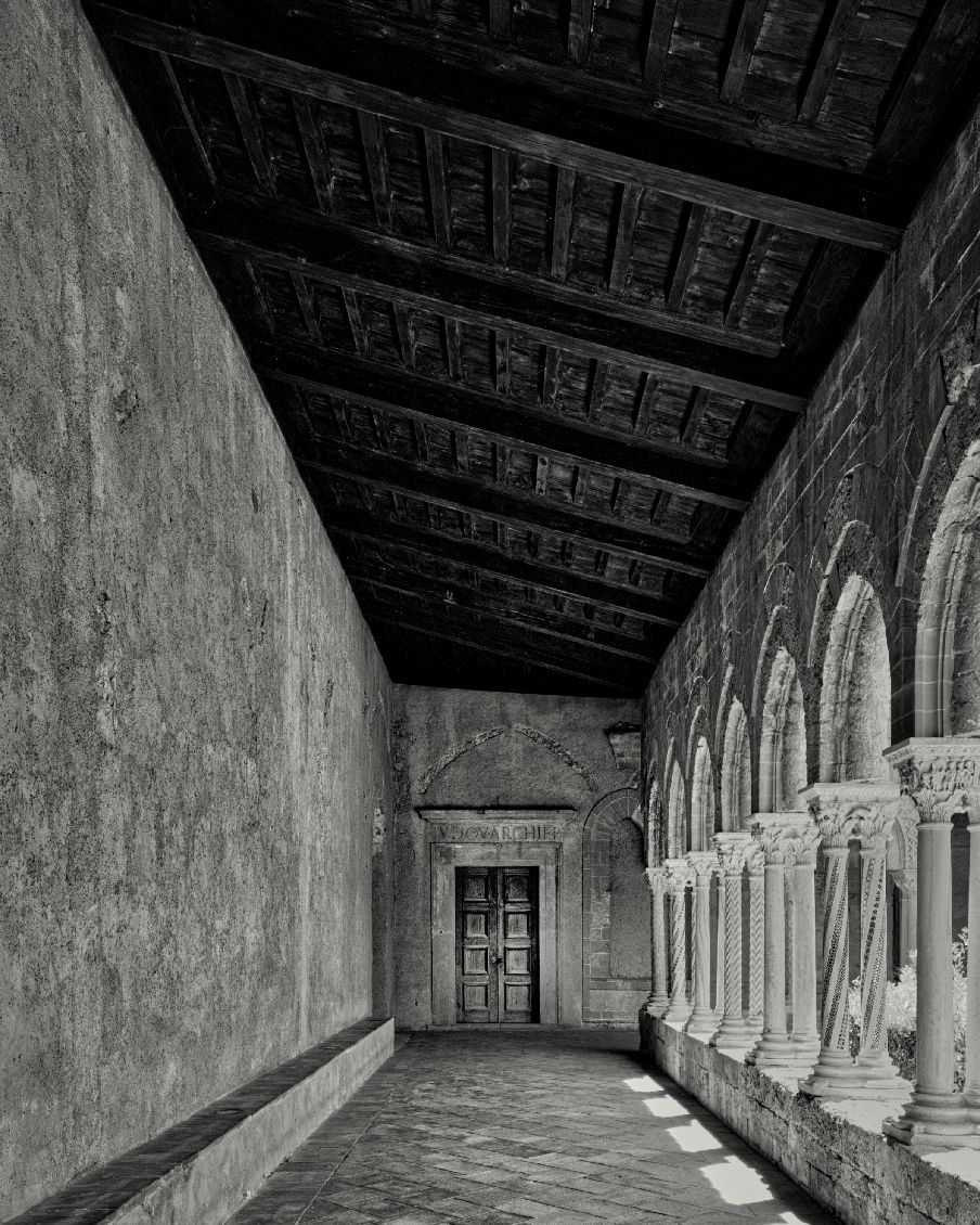 A black and white view of a medieval stone cloister with arched columns and vaulted ceilings in a monastery.
Horvath-Photography