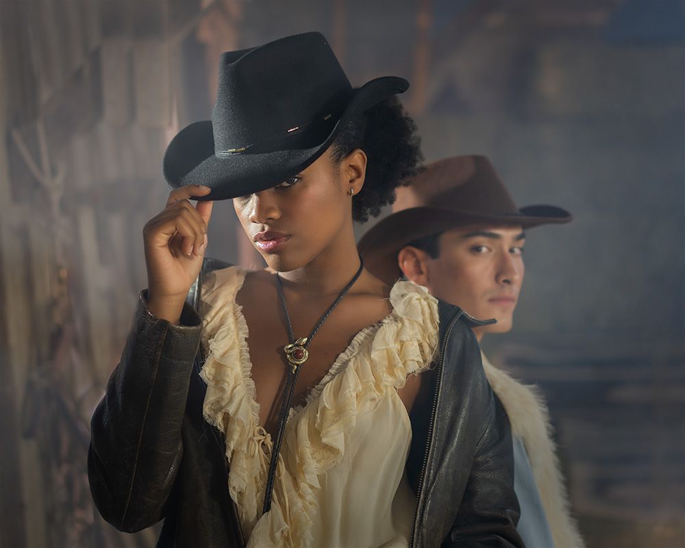 Dramatic portrait series featuring person in black hat and vintage-style clothing against dark background.
