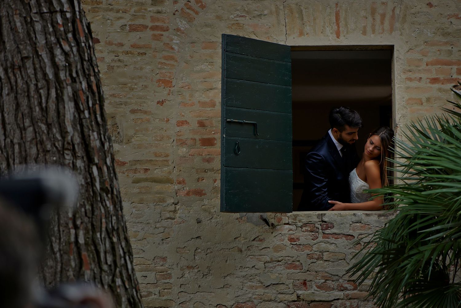 Couple embraces in romantic moment against rustic brick wall with green shutters and palm fronds.
Horvath-Photography-Sam-Sciarrino