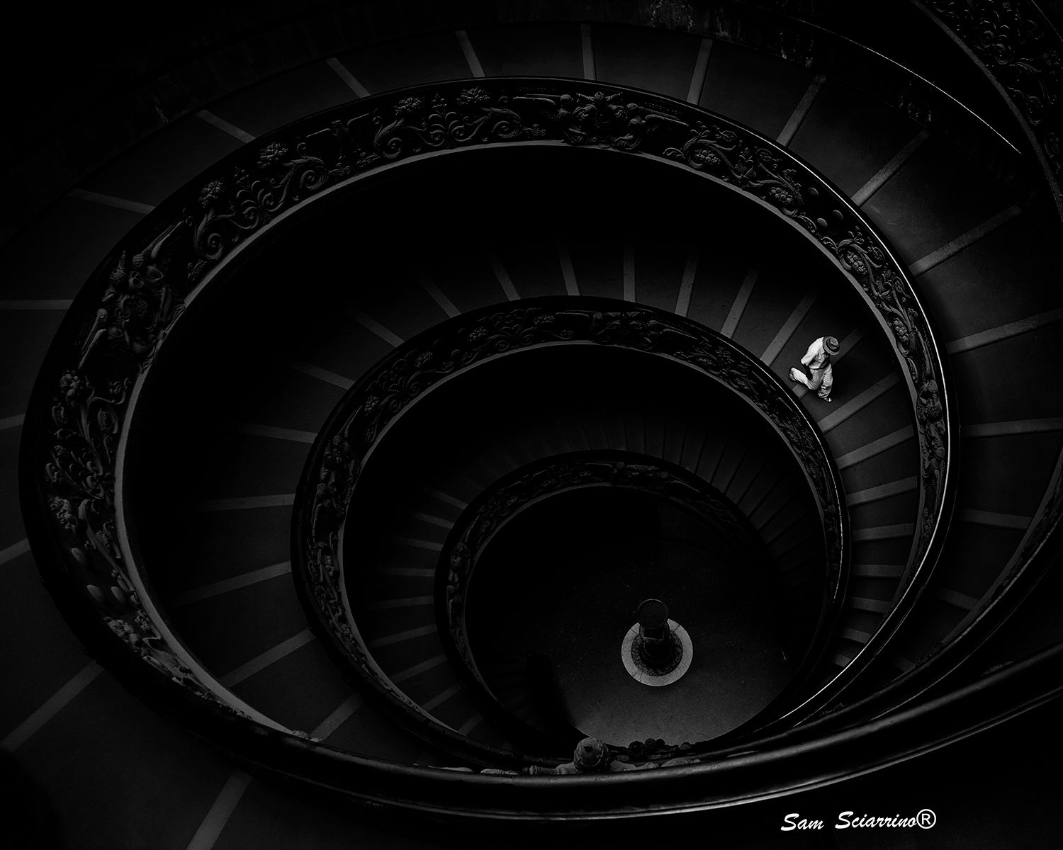 A moody spiral staircase photographed in high contrast black and white.