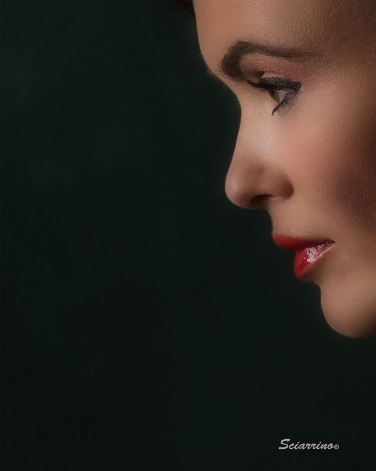 Dramatic side profile silhouettes against dark background showing red lipstick and elegant facial features.