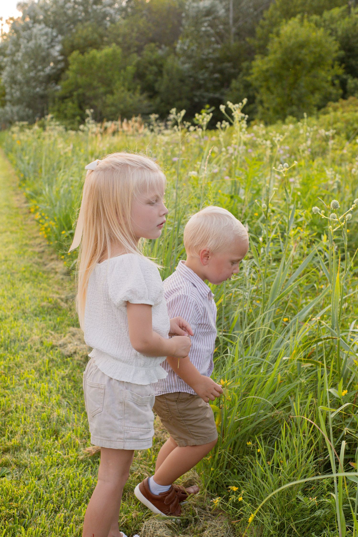 Two children exploring tall grass in a sunlit meadow path.