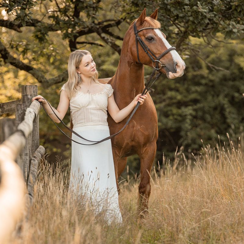 A bride in a white dress stands with a brown horse in a golden sunlit meadow during a rustic outdoor photo session.