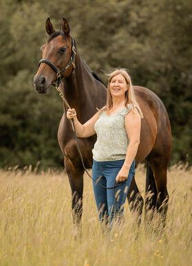 A woman in jeans stands in a golden field with a majestic brown horse during a summer photoshoot.