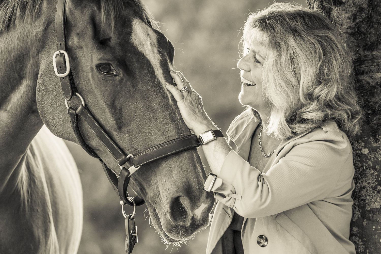 A series of black and white photographs showing tender moments between a person and a horse in close-up shots.