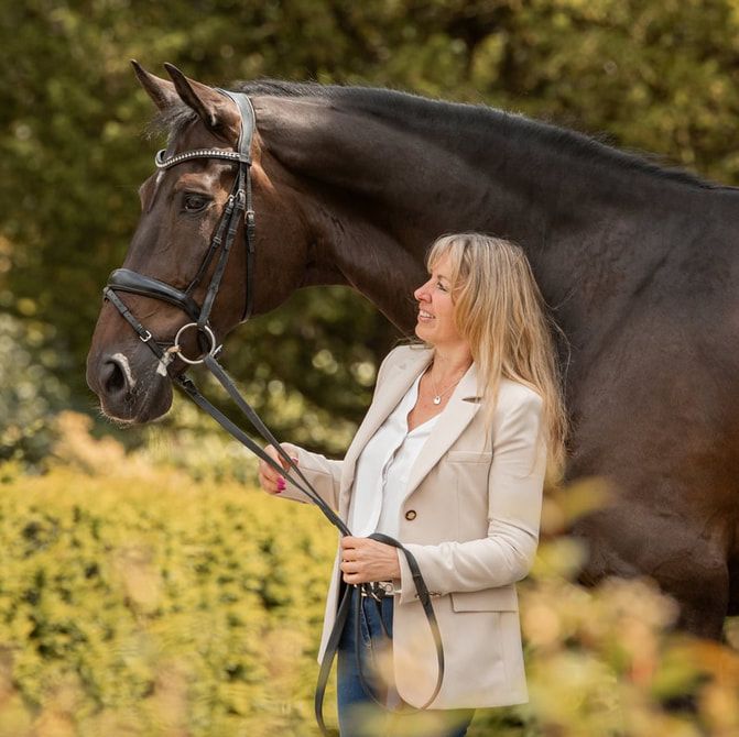 A dark horse and handler interact closely during an outdoor training or bonding session in a natural setting.