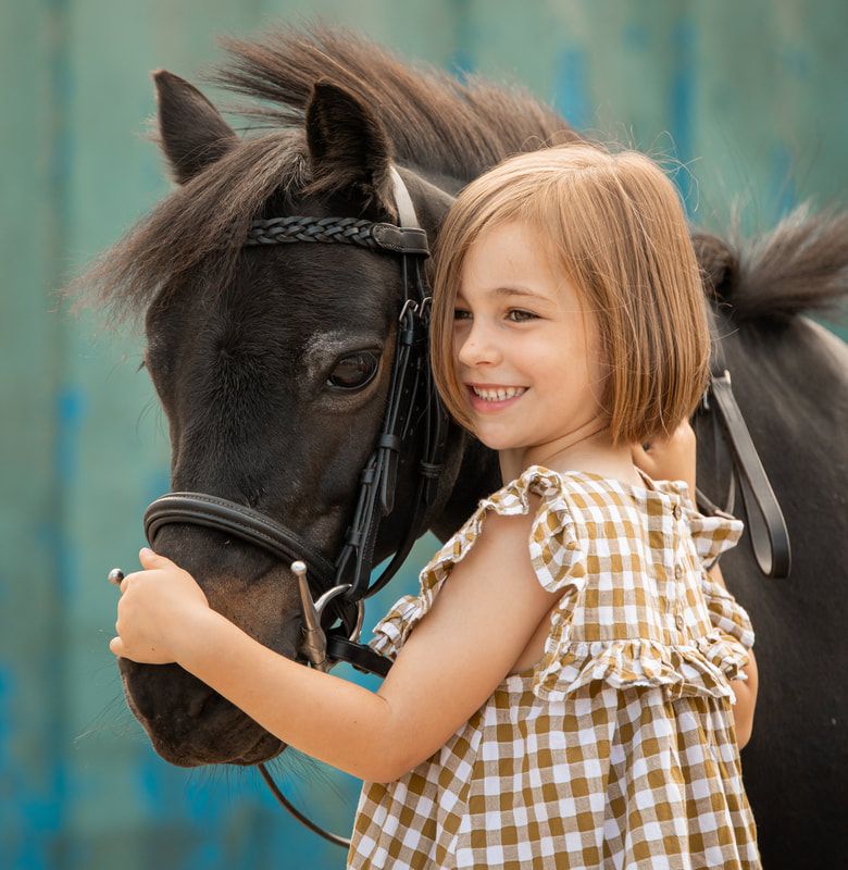 A young girl in a gingham dress pets a black horse in a serene outdoor setting with turquoise background.