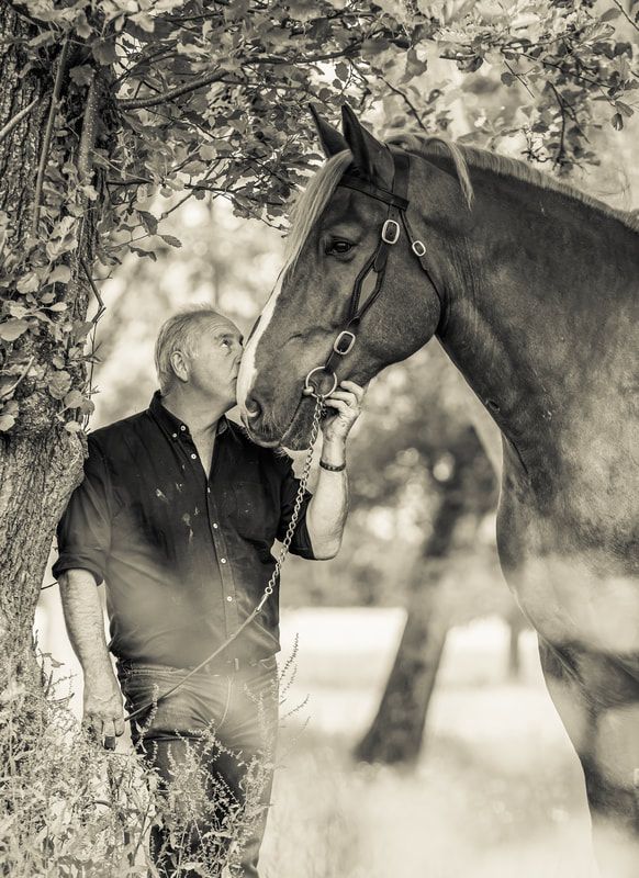Black and white photo series showing tender moments between a horse and someone in a dark shirt beside a tree.