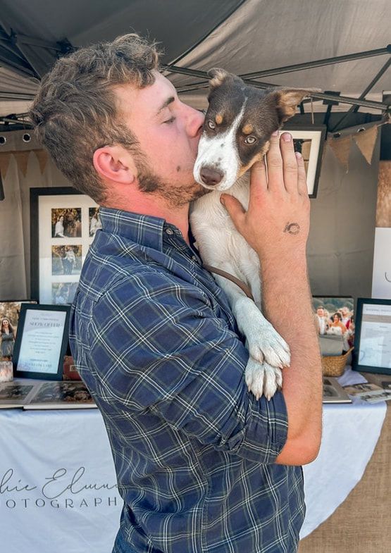 A sequence of photos showing a dog giving affectionate kisses to someone wearing a blue plaid shirt.