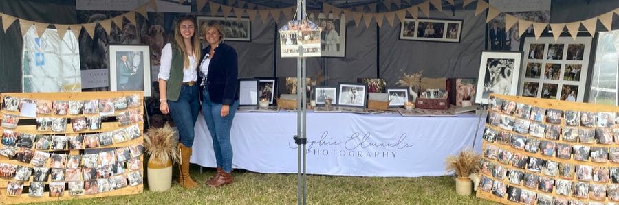 A long horizontal collage of wedding photos showing venue decorations, table settings, and outdoor celebration details.