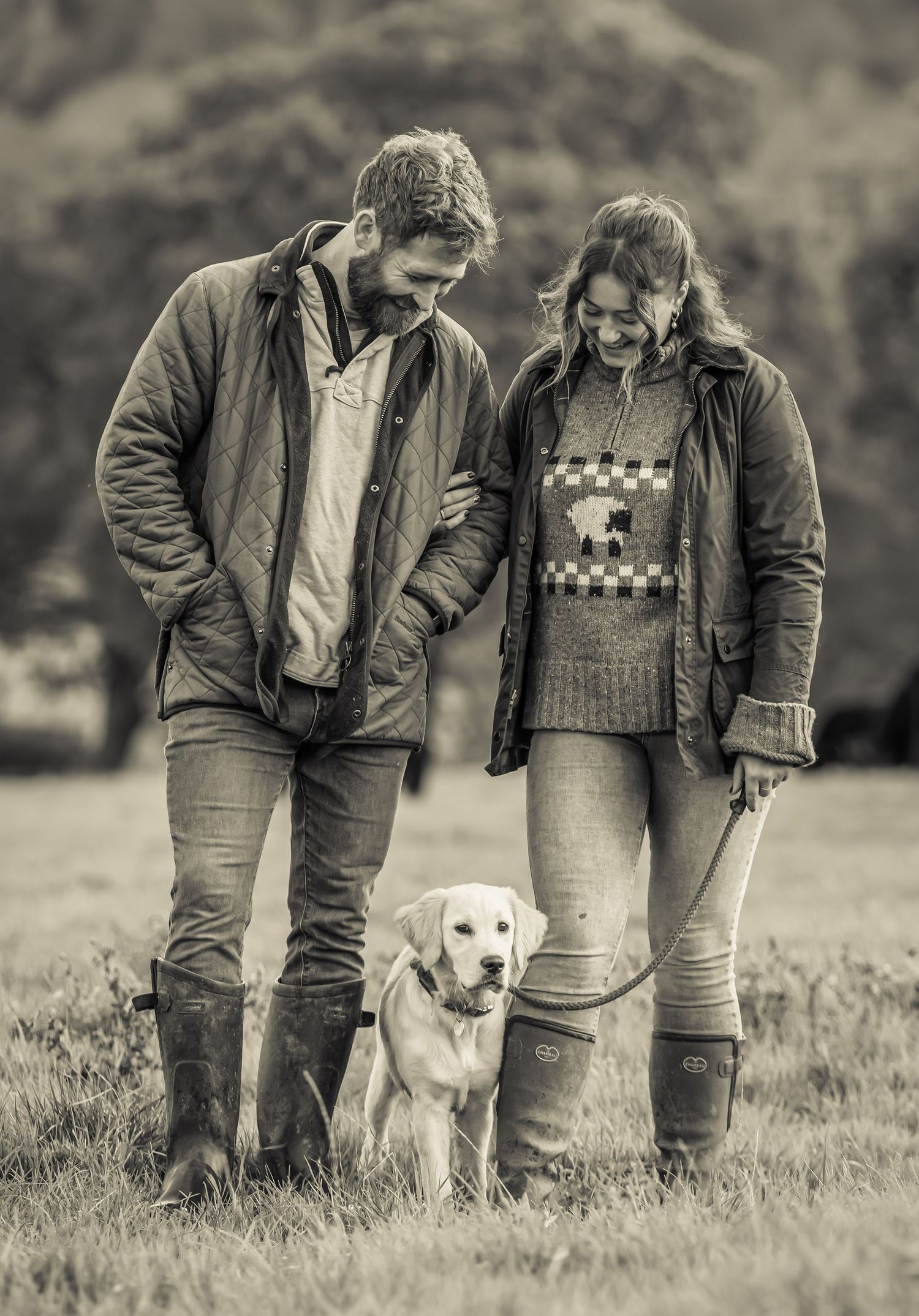 Black and white photo series showing two people walking with a dog in a grassy field.