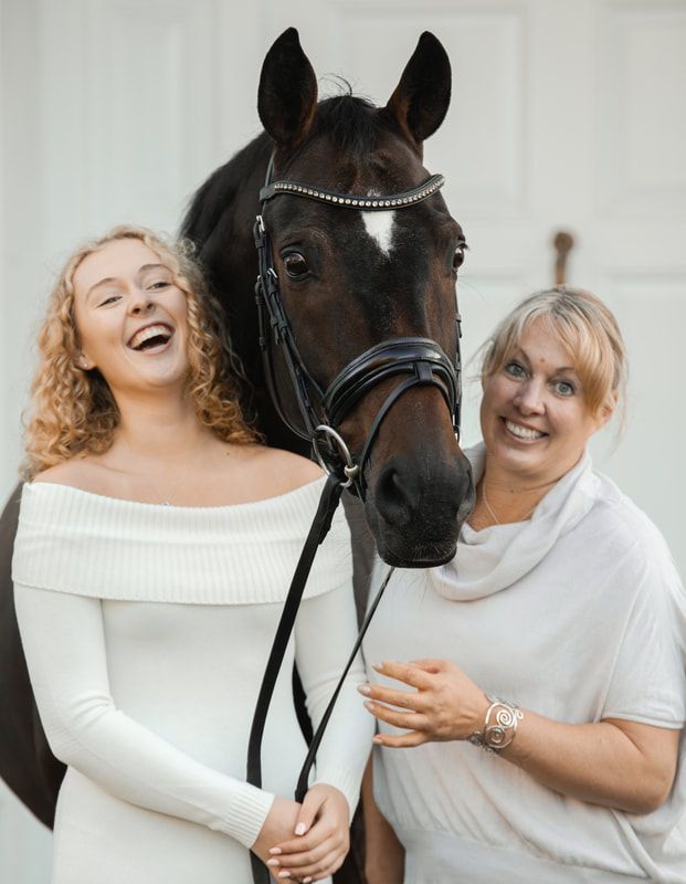 A series of candid photos showing joyful moments shared between a person in white and a dark brown horse.