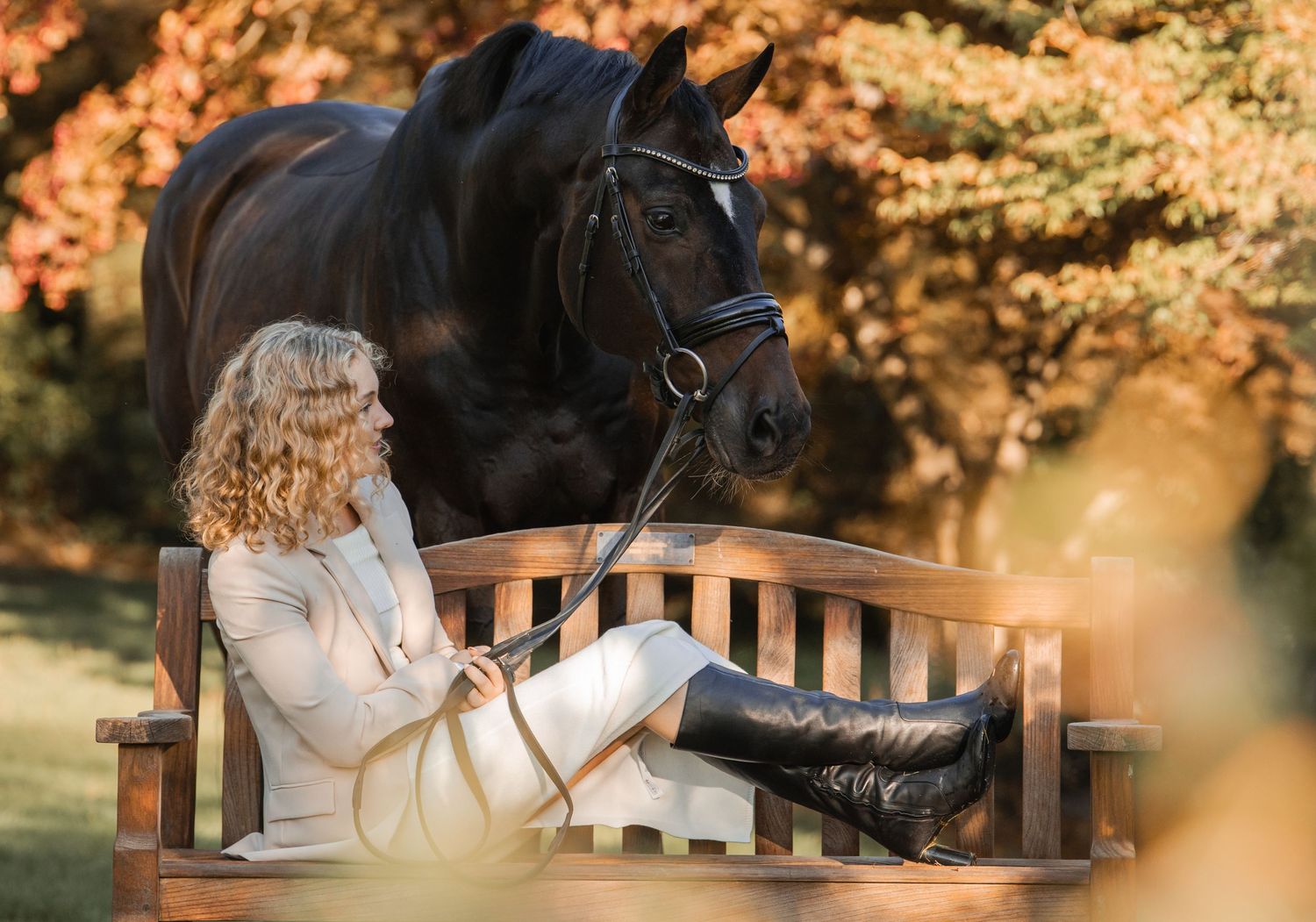 A horse and rider rest together on a wooden bench in warm autumn lighting.