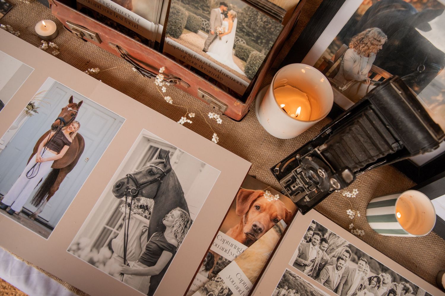 Flat lay of wedding photo albums, framed pictures, lit candles, and a vintage camera on a wooden surface.