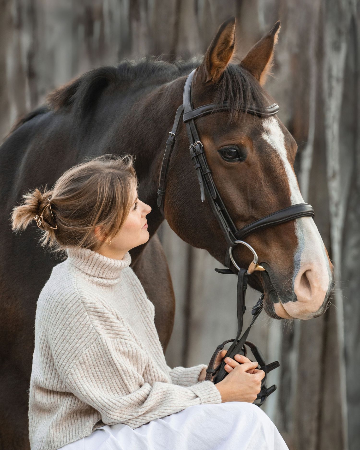 Artistic portrait series featuring a brown horse and cream sweater in a winter forest setting.