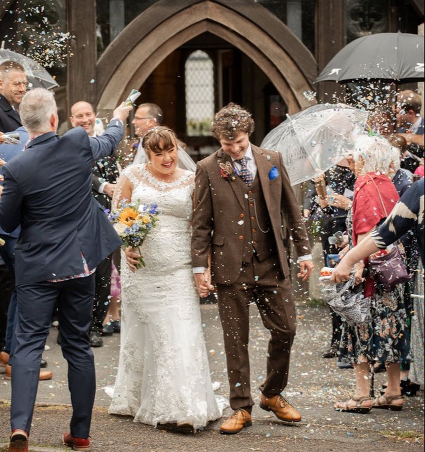Wedding couple and guests celebrate with confetti toss during outdoor ceremony in sequence of five photos.