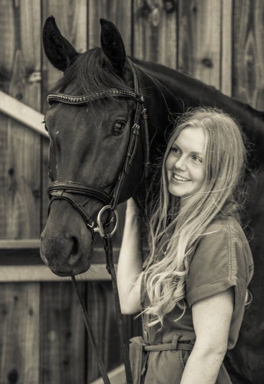 A series of black and white photos showing a person with long blonde hair interacting with a dark-colored horse.