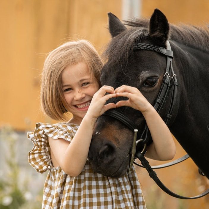 Young child in gingham dress shares a tender moment with a dark horse against an orange background.