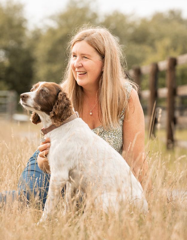A person and their dog share a joyful moment together in a sunlit field of tall grass.