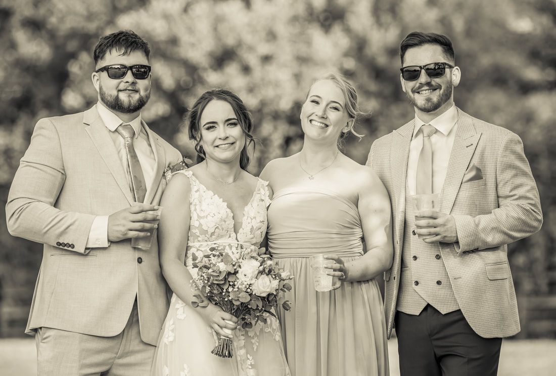 A collage of wedding photos showing couples and guests celebrating in formal attire at an outdoor venue.