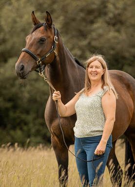 A beautiful bay horse stands in a grassy field with its handler on a sunny afternoon.