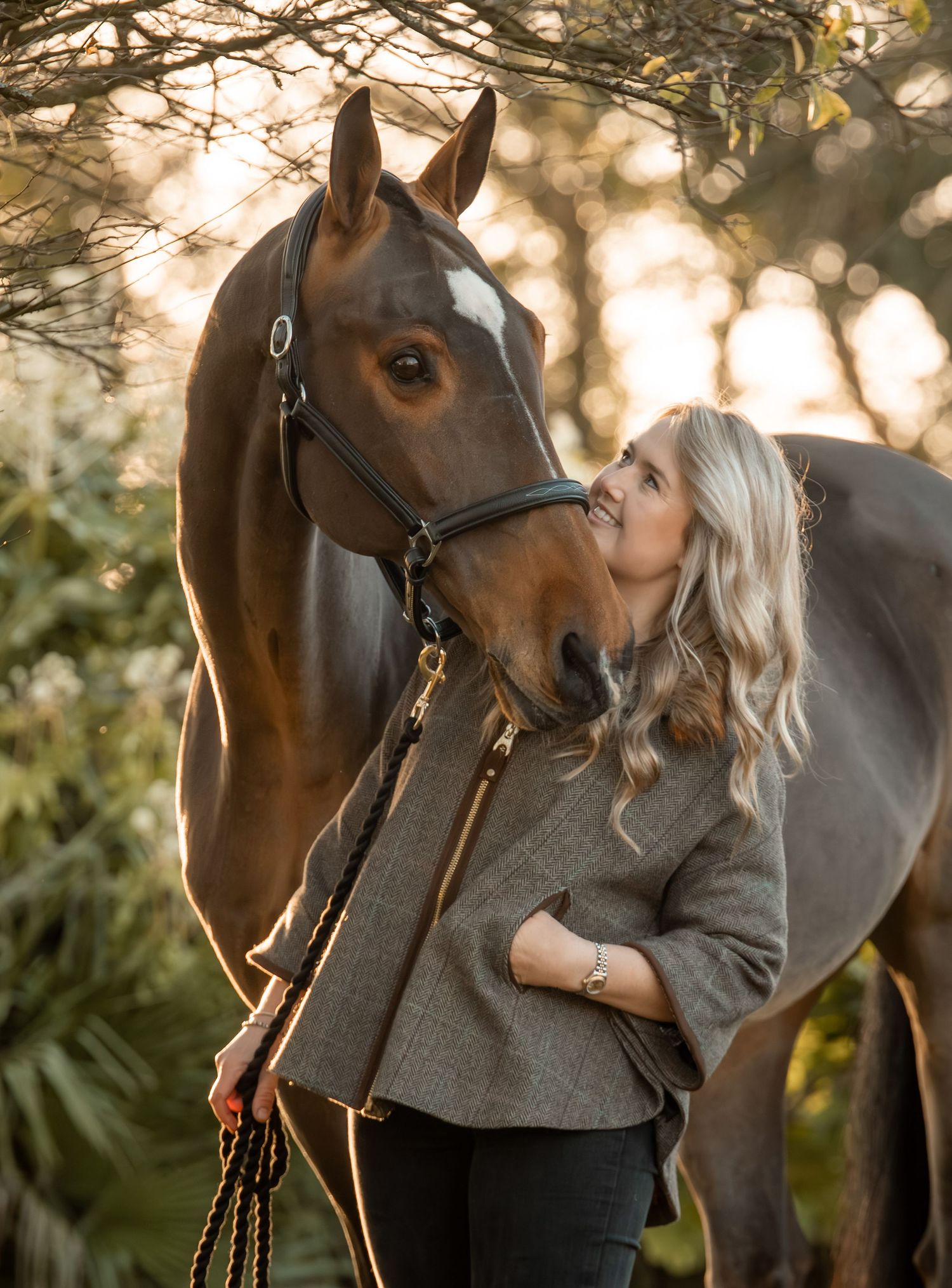 A beautiful bay horse wearing a leather bridle stands close to someone in a cozy sweater during golden hour lighting.