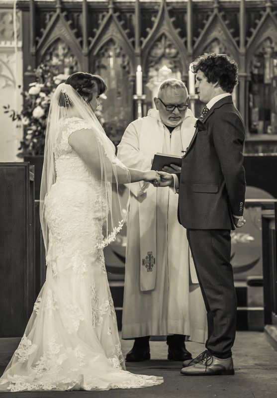 A wedding ceremony sequence showing a bride and officiant with guests in a traditional church setting.
