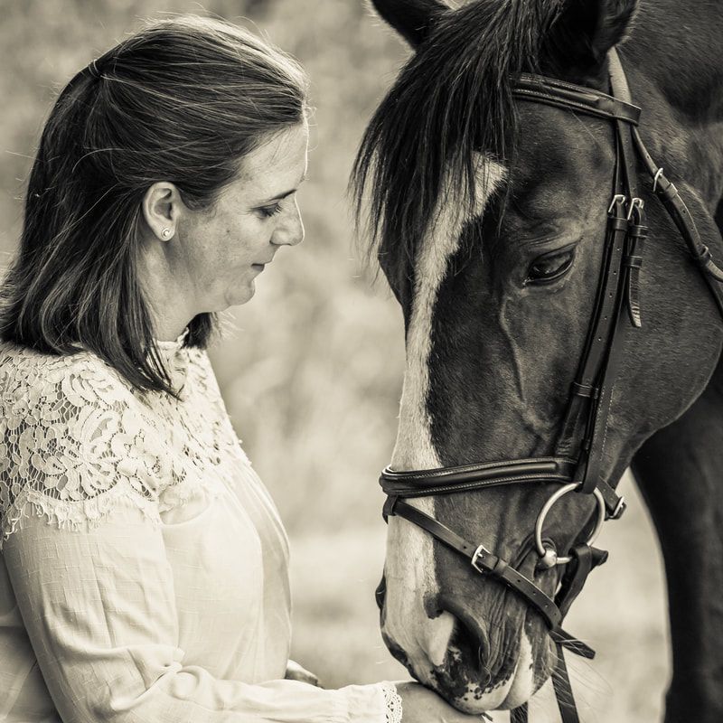 Black and white portrait series showing intimate moments between a horse and rider in an artistic style.