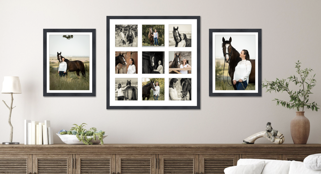 A modern farmhouse style living room features black and white framed photos arranged on a white wall above a wooden credenza.