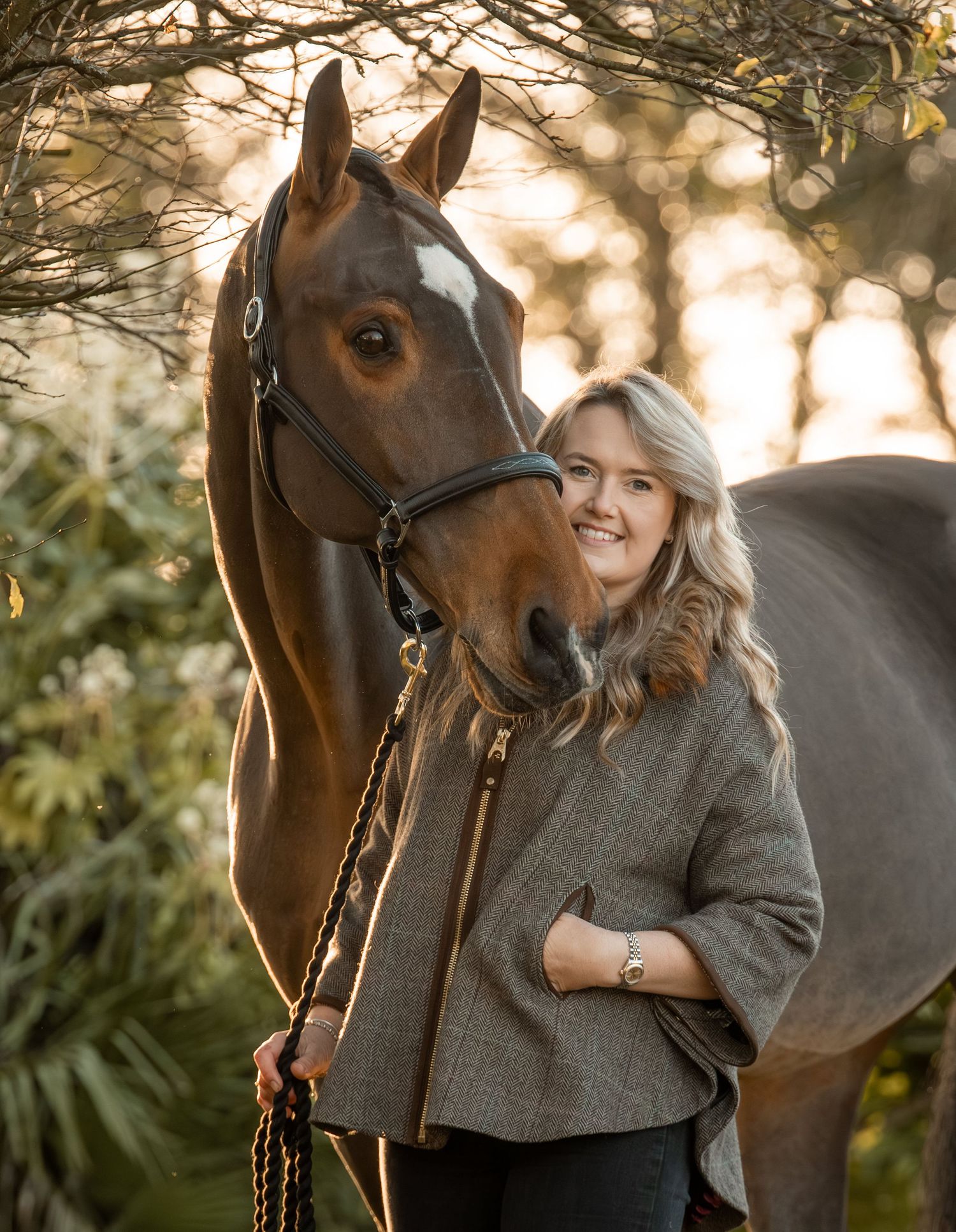 A woman in a gray sweater shares a tender moment with her brown horse in golden sunlight.
